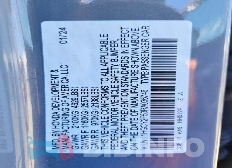 1HGCY2F53RA036746 Photo# 12