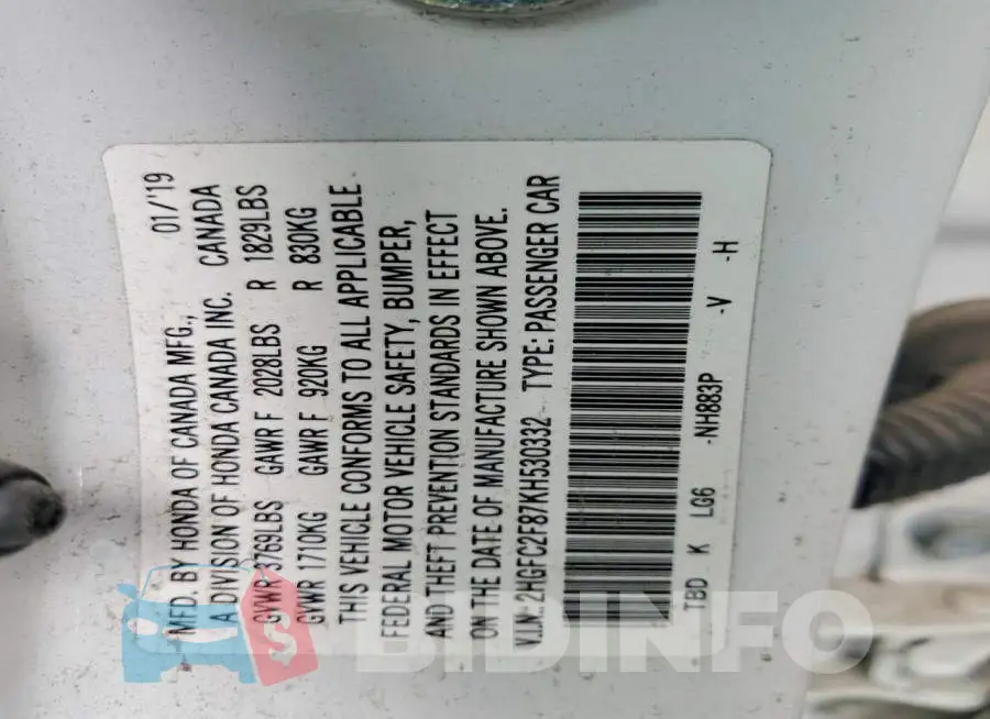 2HGFC2F87KH530332 Photo# 13
