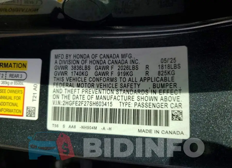 2HGFE2F27SH603415 Photo# 12