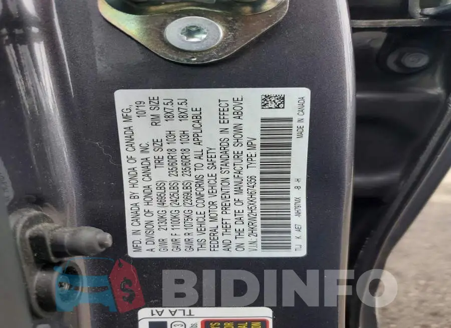 2HKRW2H5XKH674356 Photo# 13