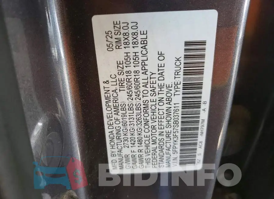 5FPYK3F57SB037611 Photo# 13