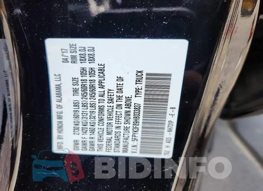 5FPYK3F89HB033837 Photo# 13