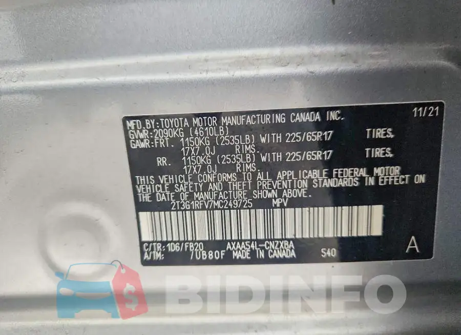2T3G1RFV7MC249725 Photo# 14