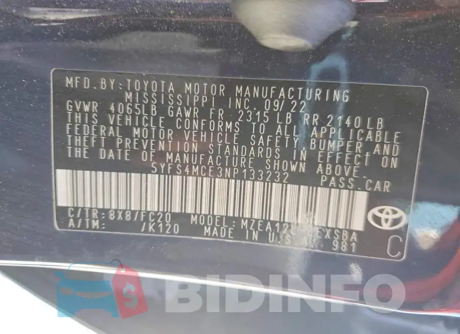5YFS4MCE3NP133232 Photo# 12