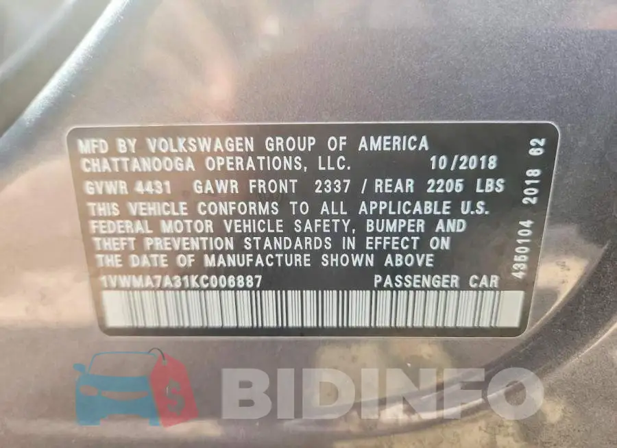 1VWMA7A31KC006887 Photo# 12