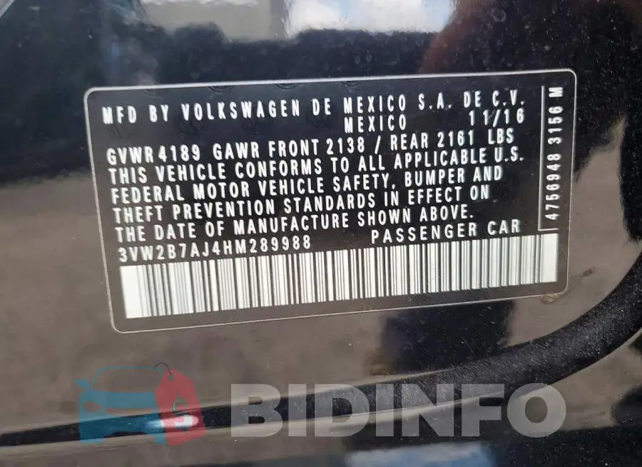 3VW2B7AJ4HM289988 Photo# 12