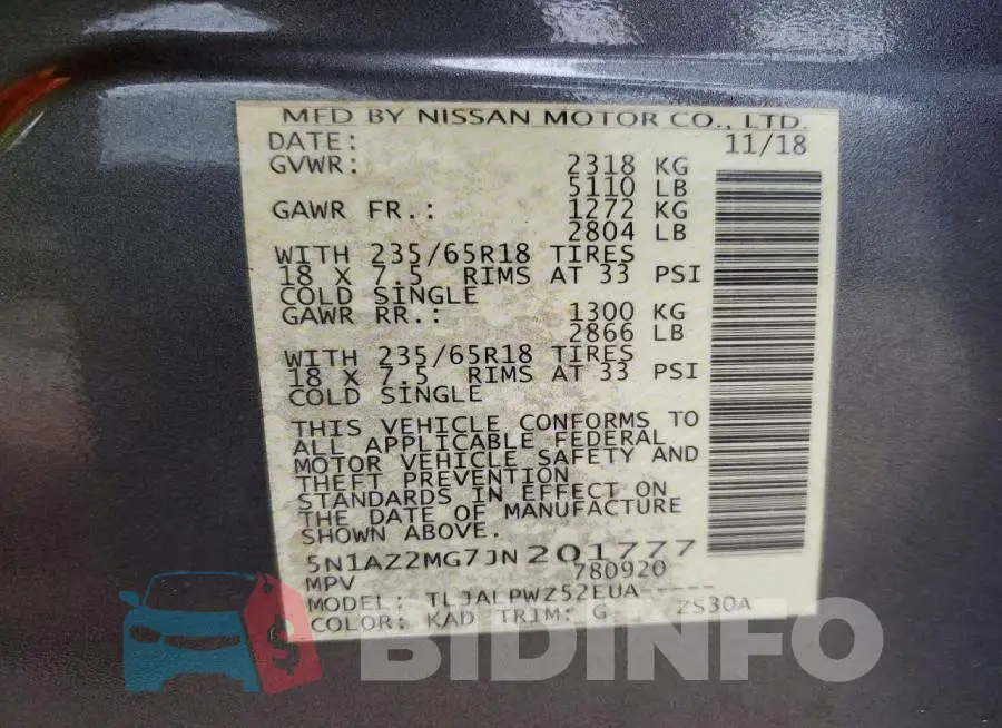 5N1AZ2MG7JN201777 Photo# 14