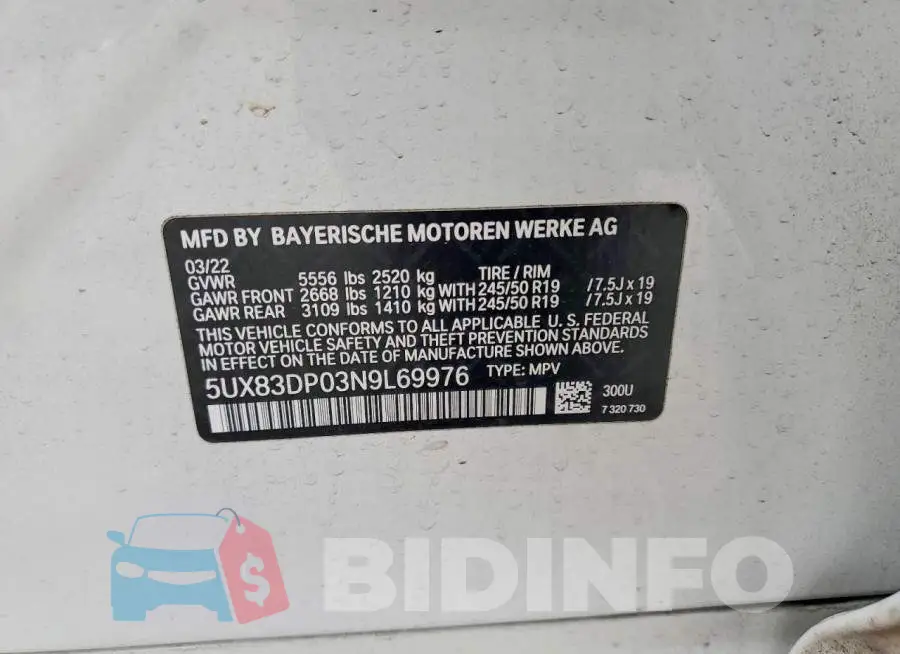 5UX83DP03N9L69976 Photo# 13