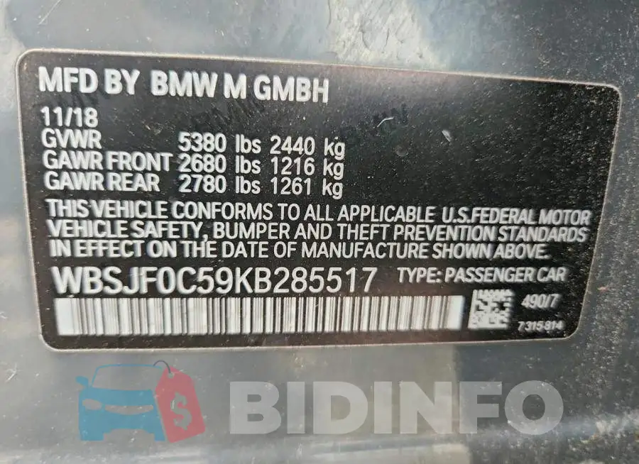 WBSJF0C59KB285517 Photo# 12