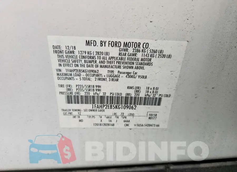 1FAHP2E85KG109062 Photo# 13