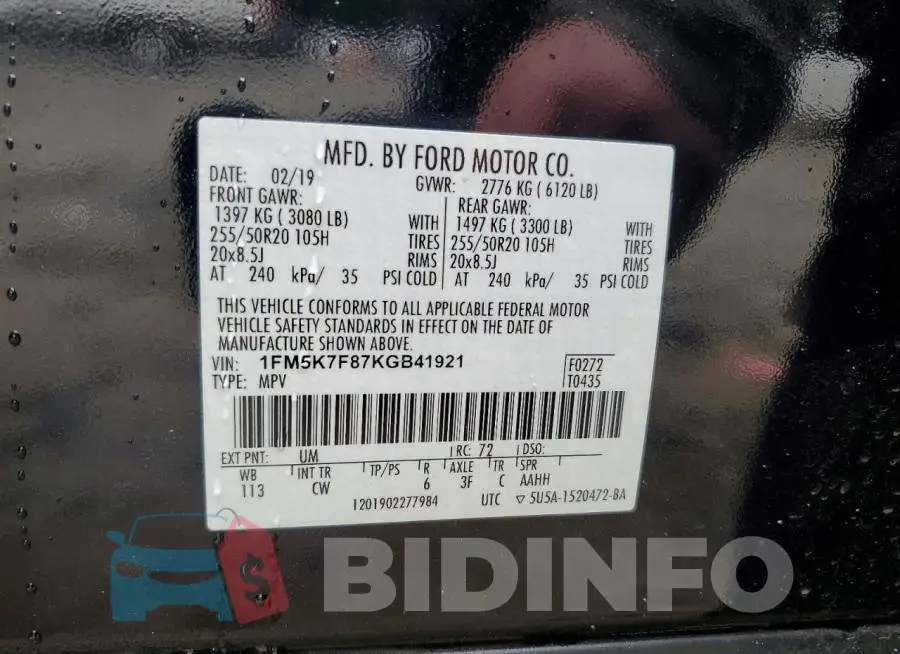 1FM5K7F87KGB41921 Photo# 13