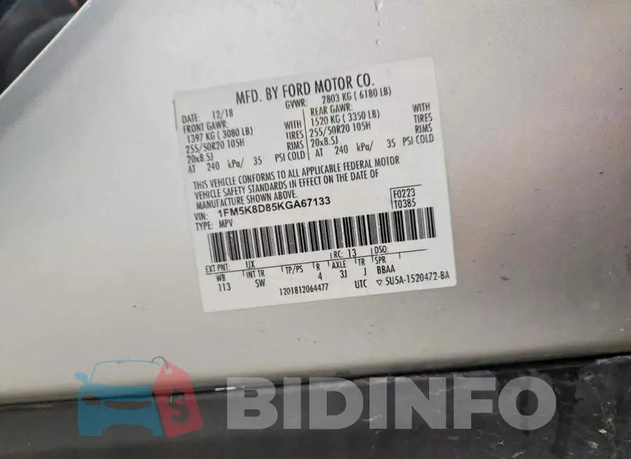 1FM5K8D85KGA67133 Photo# 12