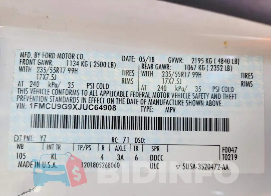1FMCU9G9XJUC64908 Photo# 14
