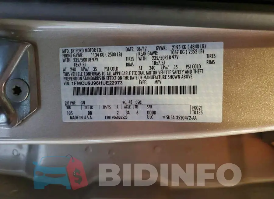 1FMCU9J98HUE22973 Photo# 14