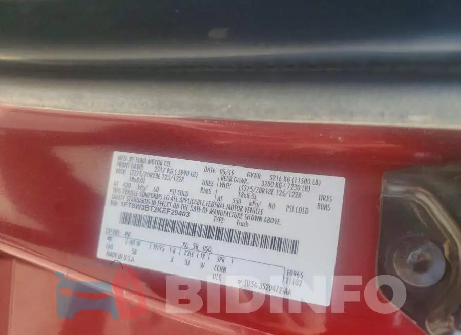 1FT8W3BT2KEF29403 Photo# 12