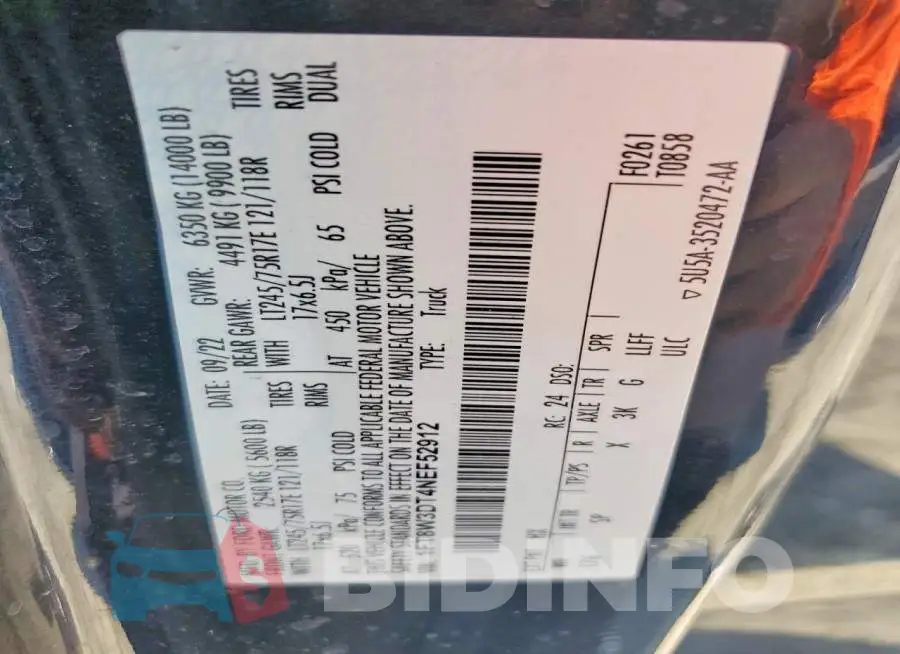 1FT8W3DT4NEF52912 Photo# 13