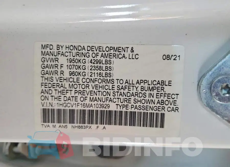 1HGCV1F16MA103929 Photo# 12