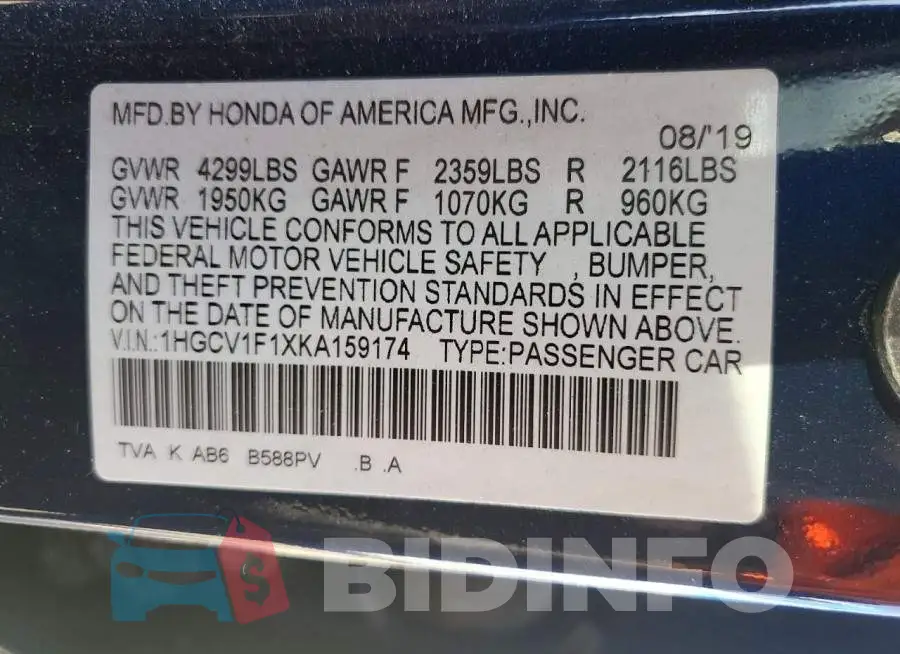 1HGCV1F1XKA159174 Photo# 13