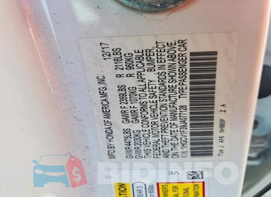 1HGCV1F39JA077128 Photo# 12