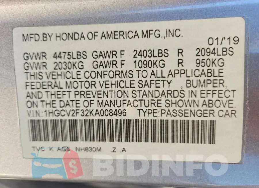 1HGCV2F32KA008496 Photo# 12