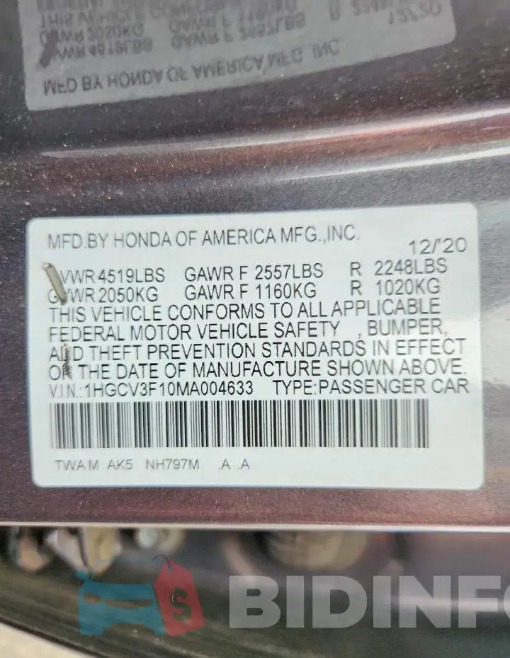 1HGCV3F10MA004633 Photo# 12