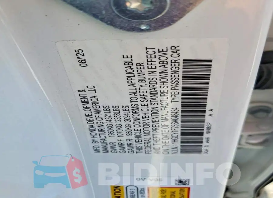 1HGCY1F23SA048434 Photo# 13