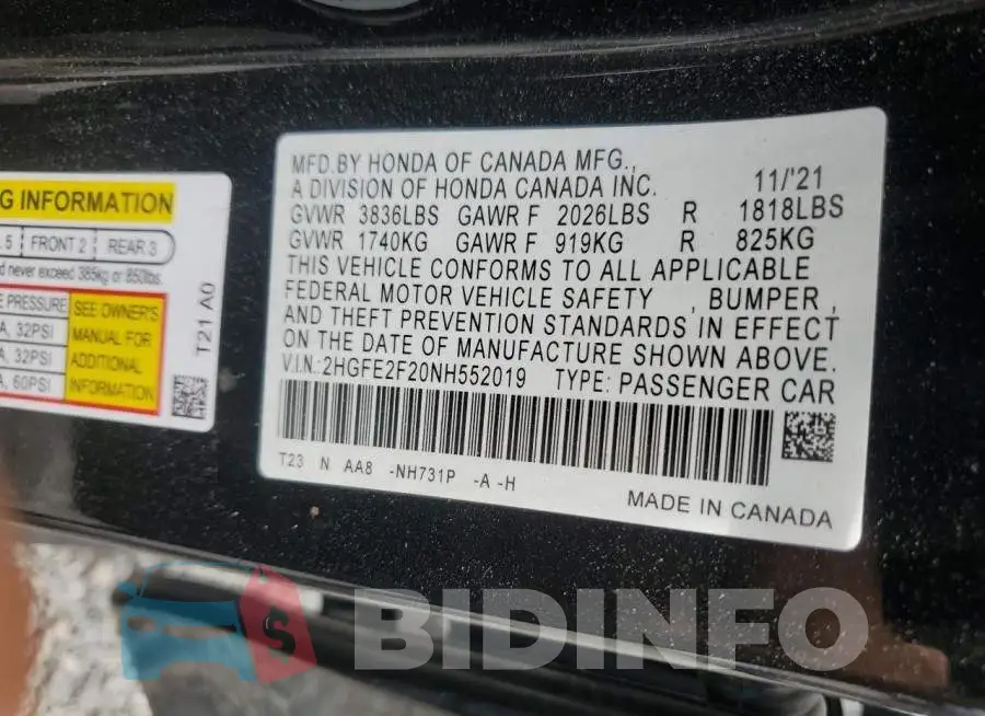 2HGFE2F20NH552019 Photo# 12