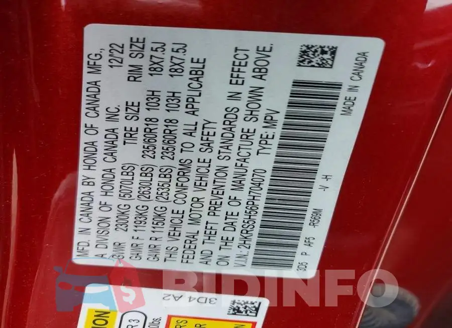 2HKRS5H56PH704070 Photo# 13