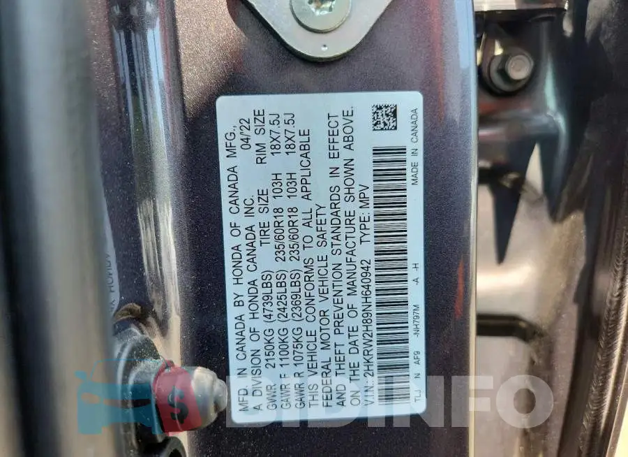 2HKRW2H89NH640942 Photo# 13