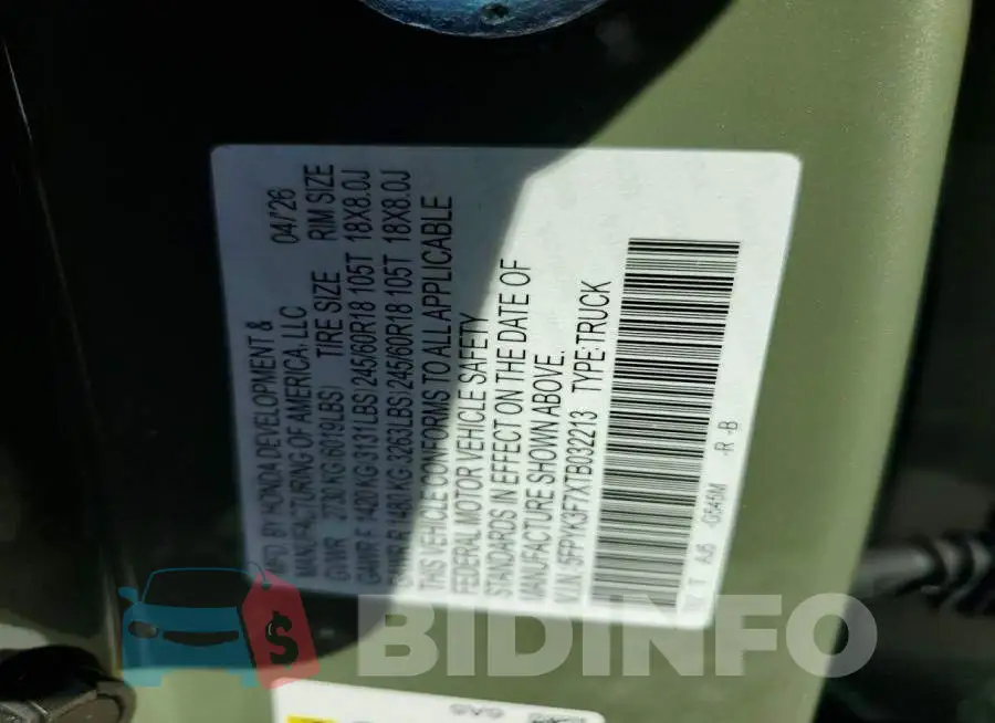 5FPYK3F7XTB032213 Photo# 12