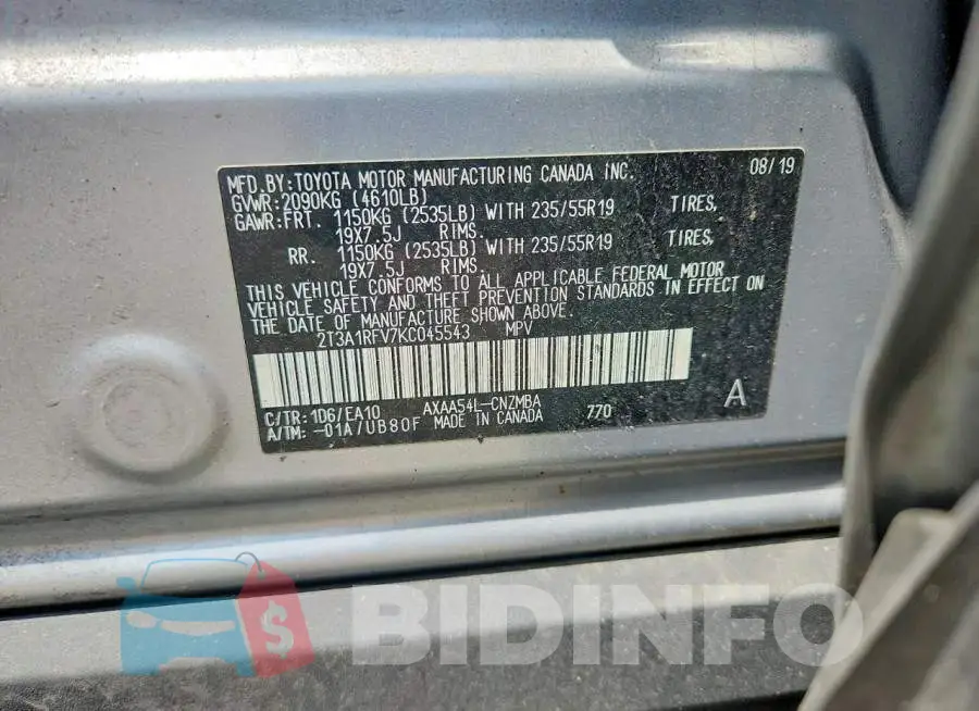 2T3A1RFV7KC045543 Photo# 13