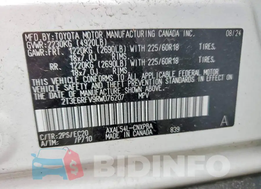 2T3E6RFV9RW076207 Photo# 13