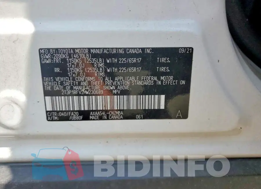 2T3P1RFV2MW230689 Photo# 13