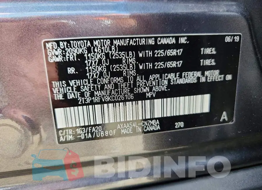 2T3P1RFV8KC026106 Photo# 13