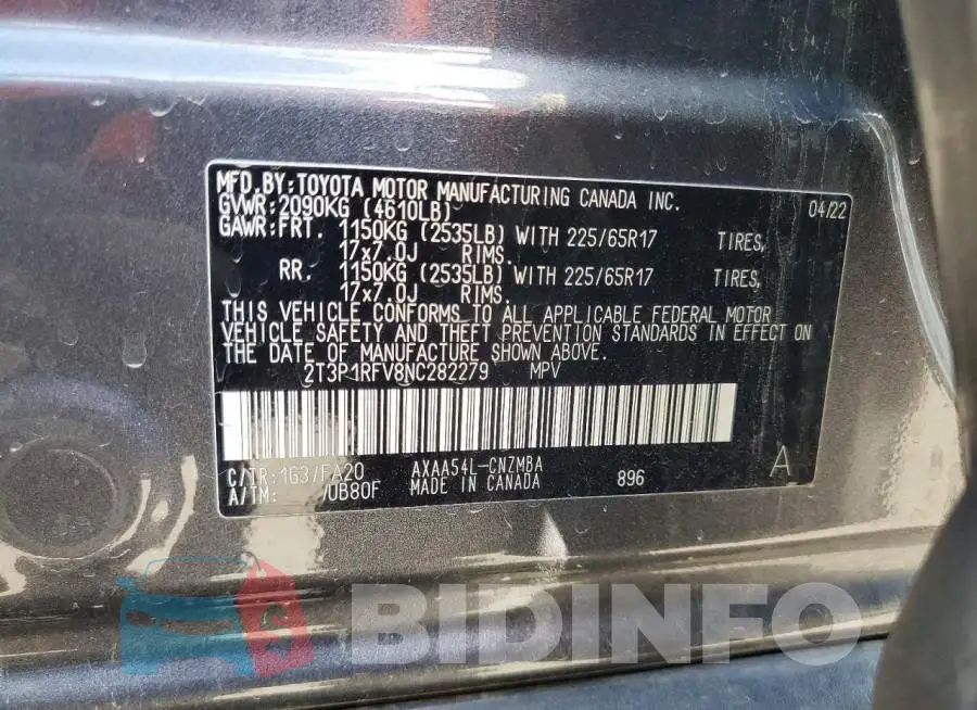 2T3P1RFV8NC282279 Photo# 13