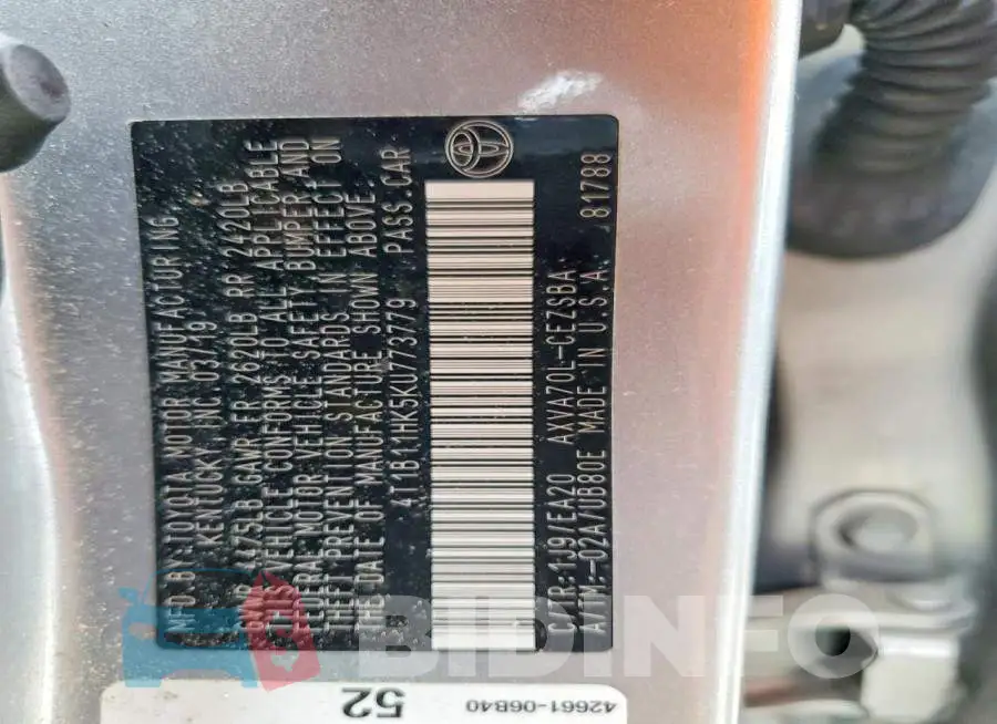 4T1B11HK5KU773779 Photo# 12