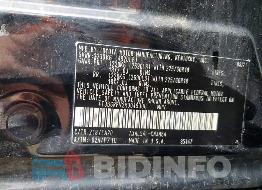 4T3B6RFV2MU049300 Photo# 14