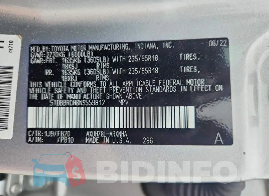 5TDBBRCH8NS559812 Photo# 13