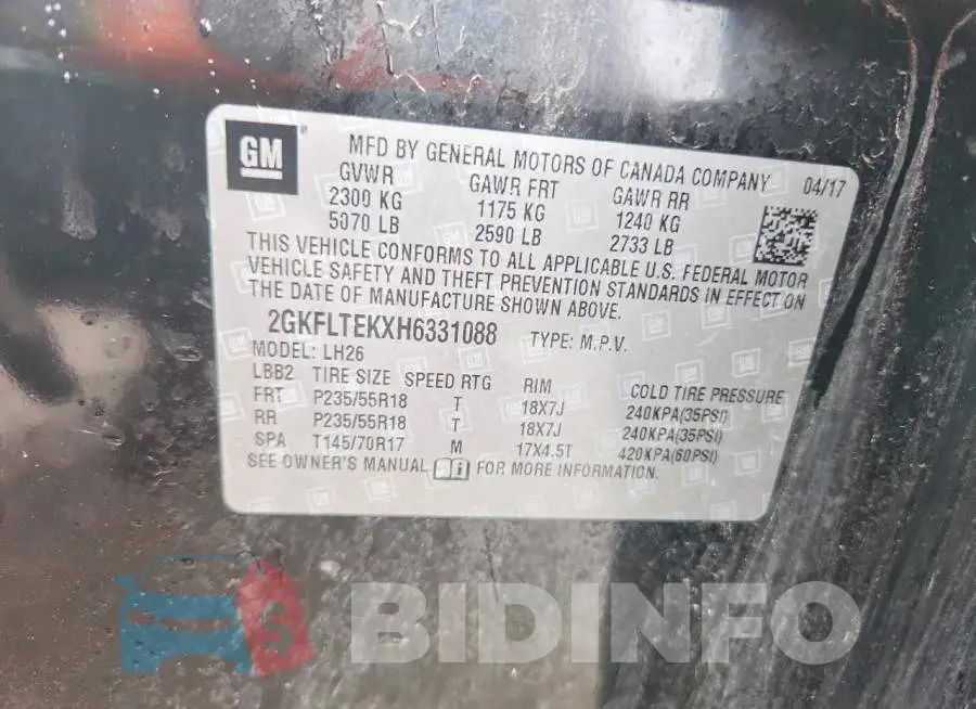 2GKFLTEKXH6331088 Photo# 13
