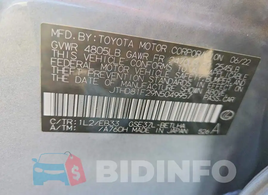 JTHD81F29N5049957 Photo# 12