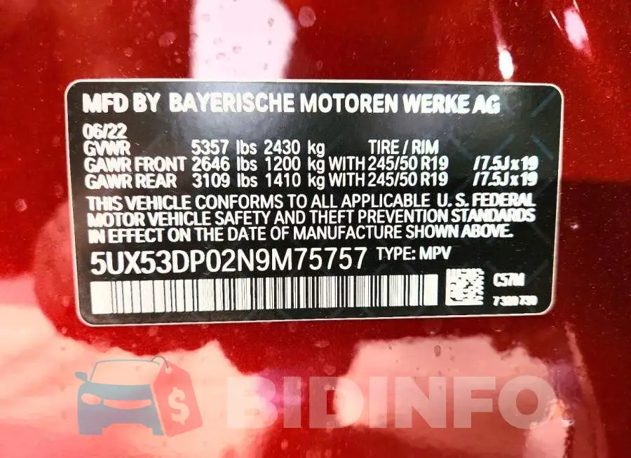 5UX53DP02N9M75757 Photo# 13