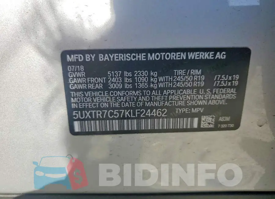 5UXTR7C57KLF24462 Photo# 12