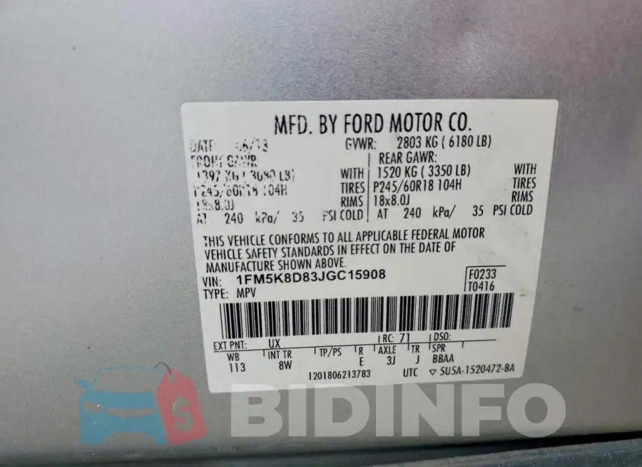1FM5K8D83JGC15908 Photo# 12