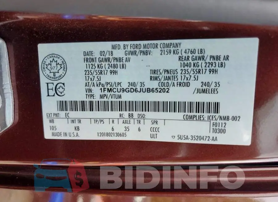 1FMCU9GD6JUB65202 Photo# 14