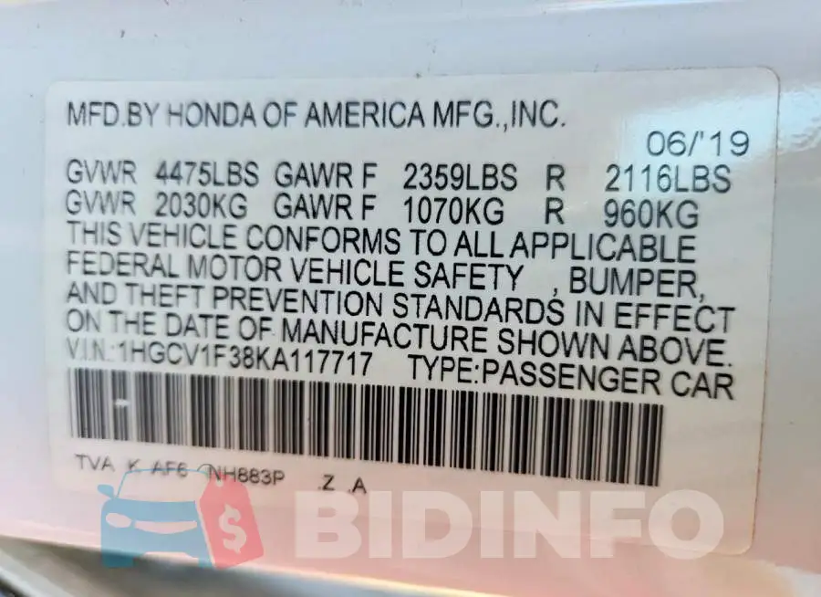 1HGCV1F38KA117717 Photo# 12