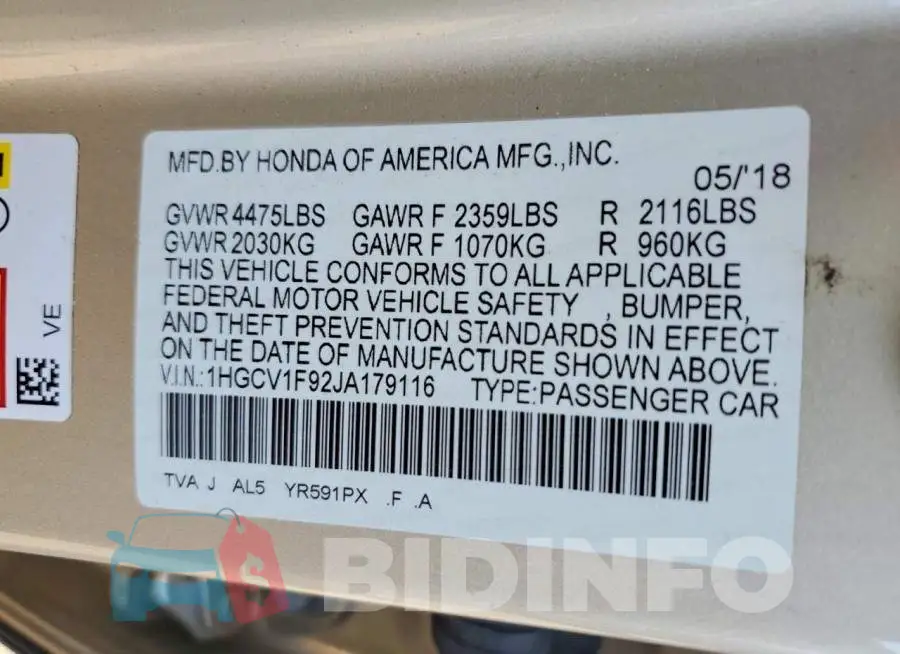 1HGCV1F92JA179116 Photo# 13