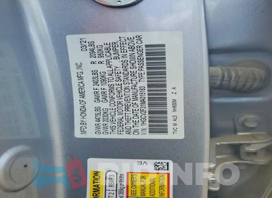 1HGCV2F31MA015183 Photo# 12
