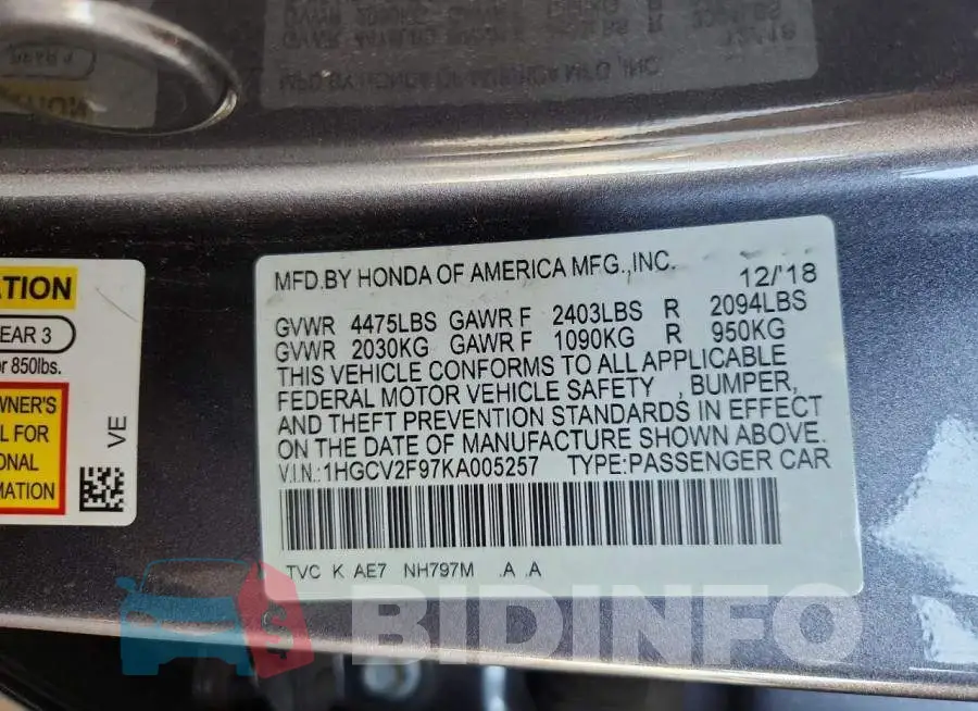 1HGCV2F97KA005257 Photo# 12