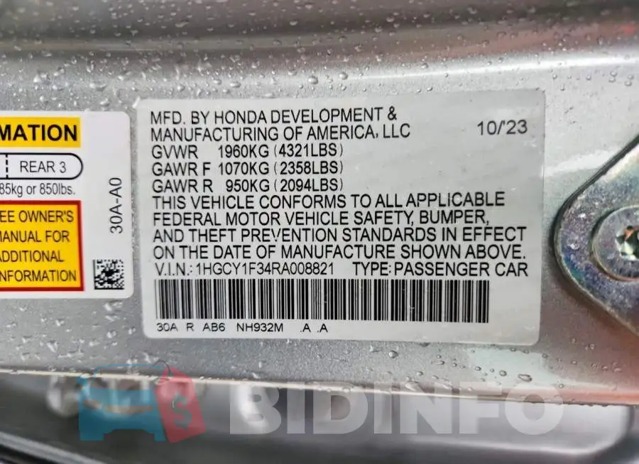 1HGCY1F34RA008821 Photo# 12