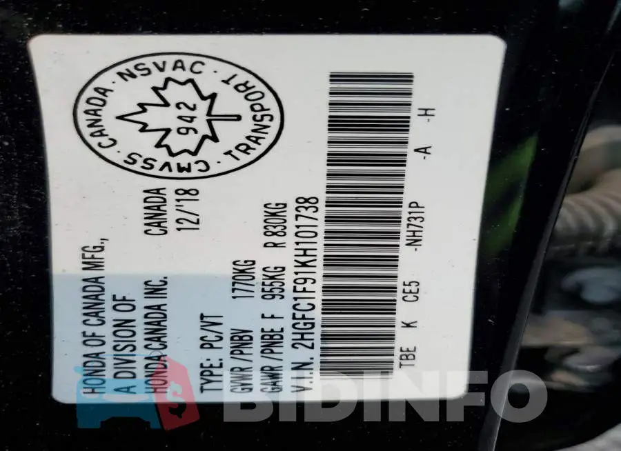 2HGFC1F91KH101738 Photo# 12